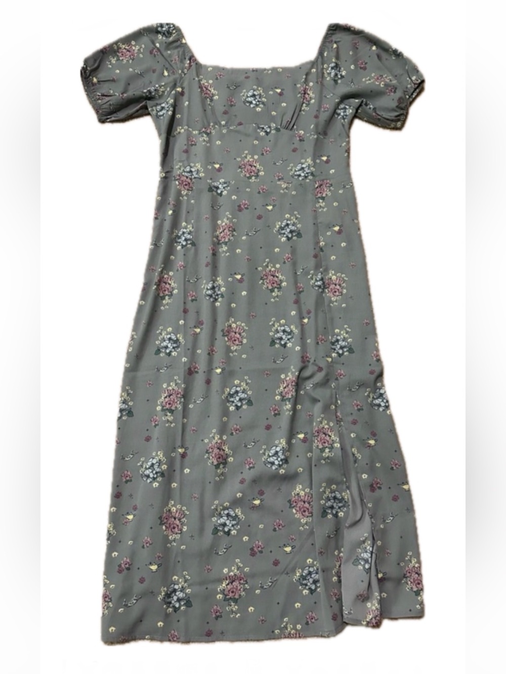 Disney Aladdin Jasmine Inspired Dusty Blue Floral Square-Neck Midi Slit Dress